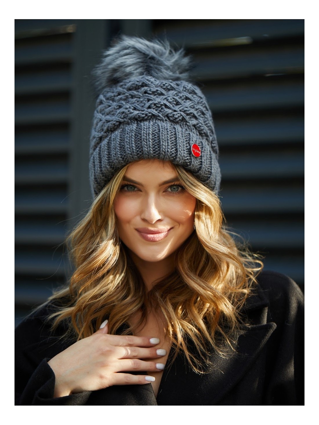 Warm winter hat with a pompom, graphite C37 - Online store - Boutique